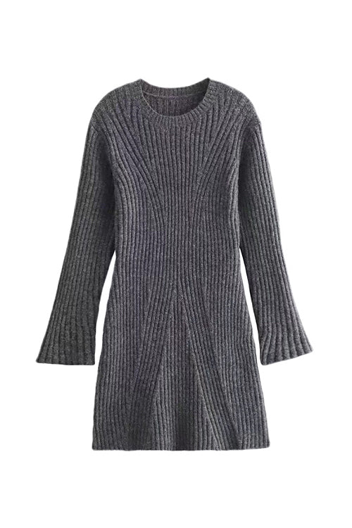 Long Sleeve Ribbed Knit Slit Cuff Bodycon Mini Dress