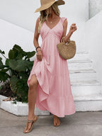 V-neck Pleats Comfort Gentle Maxi Dresses
