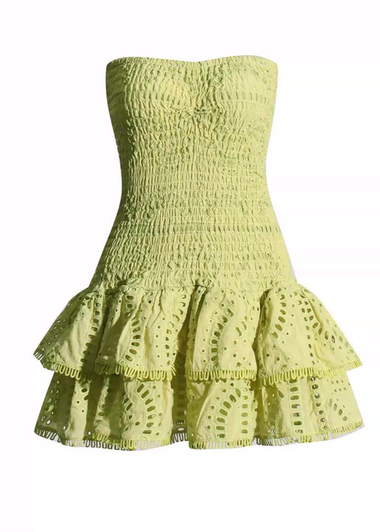 Geometric Print Smocked Strapless Tiered Pom Trim Mini Dress