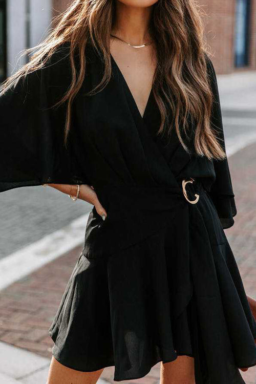 Surplice Wrap Buckle Waist Flutter Sleeve Ruffled Hem Mini Dress