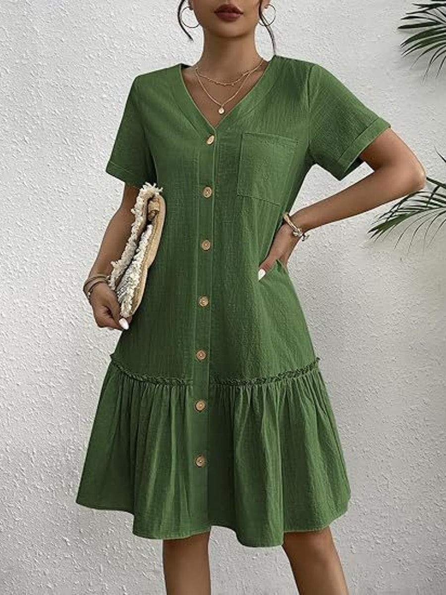 Single Row V-neck Loose-fit Short Sleeve Mini&Short Dresses