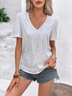 Sequins V-neck Short Sleeve T-shirt