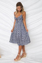 Linen Spaghetti Strap Tie Front Cut Out Button Front A-Line Midi Dress