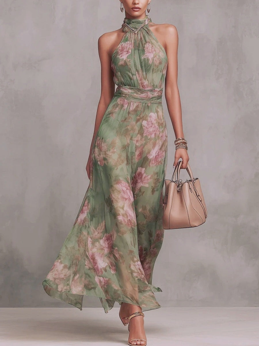 Floral Vacation Formal Dress Halter Maxi Dresses