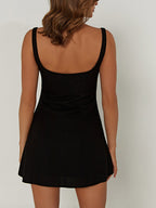 Square Sweetheart Keyhole Button Front Princess Seam Sleeveless Mini Dress
