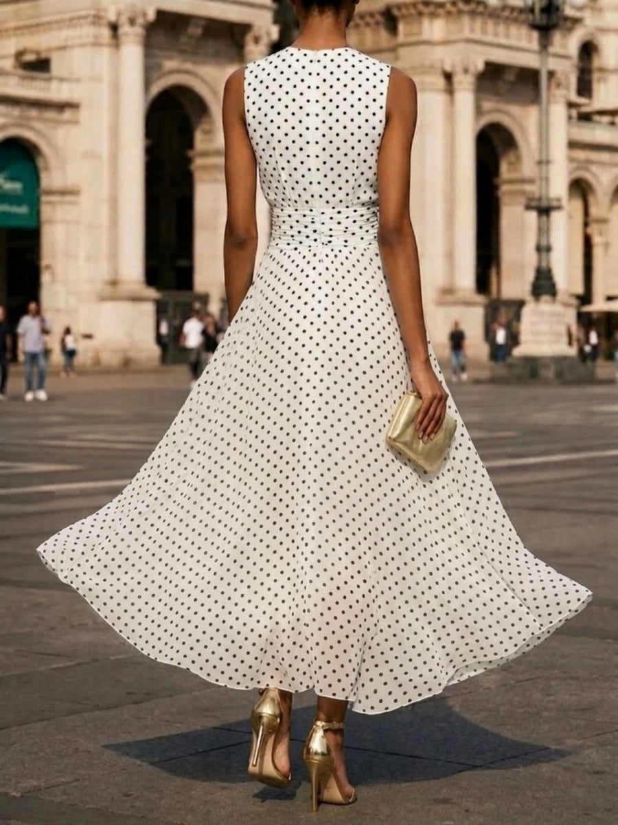 Sleeveless Polka Dots Waist Grace Temperament Maxi Dresses