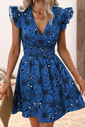 Large Floral Print Wrap V-Neck Flutter Sleeve Smocked Waist Flared Mini Dress