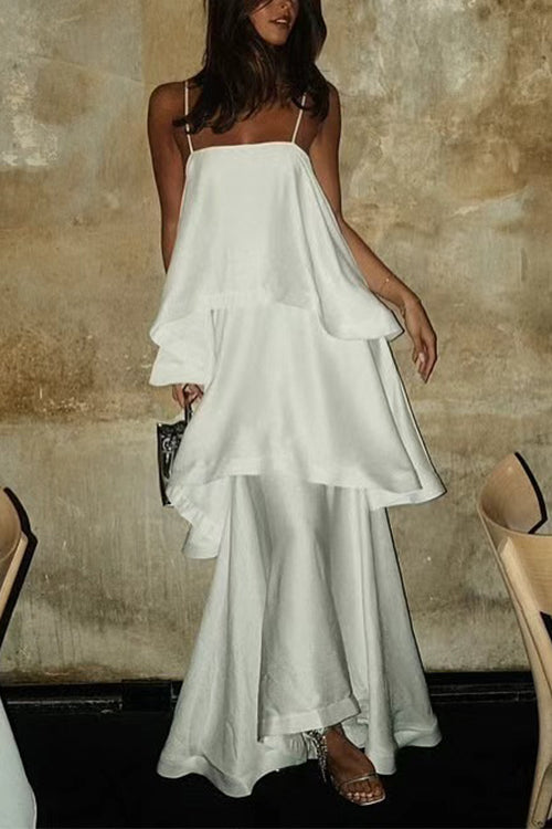 Adjustable Strap Ruffle Layered Satin Maxi Dress