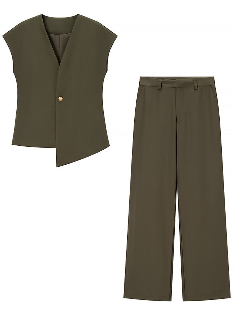 V-neck Buttons Jacket Wide-leg Pants Set Commuting 2-piece Sets