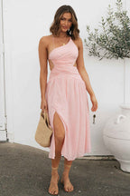 One-Shoulder Ruched Side Cutout High Slit Floral Midi Dress