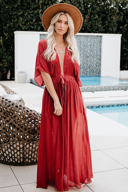 Crochet Lace Trim Kimono Sleeve Tie Waist Embroidered Maxi Dress
