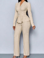 Long-sleeved, Irregular Hem, Fitted Top And Slimming Solid Color Trousers Two-piece Set