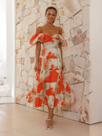 Printed Puff Sleeve Sweetheart Collar Vacation Maxi Dresses