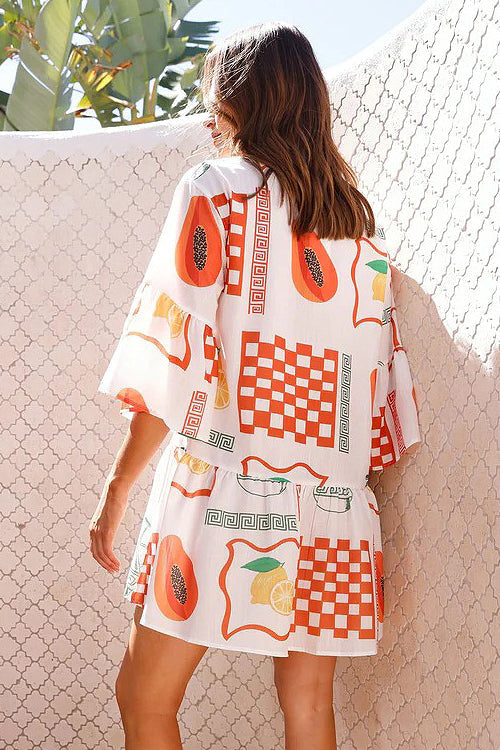 Novelty Sketch Print Collar V-Neck Button Front Tiered Smock Mini Dress