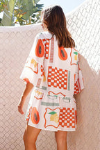 Novelty Sketch Print Collar V-Neck Button Front Tiered Smock Mini Dress