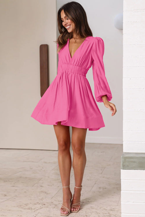 Deep V-Neck Puff Sleeve Shirred Waist Tiered Ruffle Mini Dress