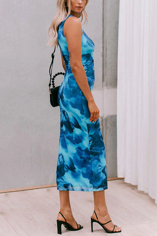 Side Slit Sleeveless Floral Print Bodycon Midi Dress