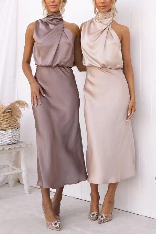 High Neck Zipper Back Waisted Satin Midi Dress