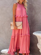 Tiered Ruffle Trim Sleeveless Halter Neck Maxi Dress