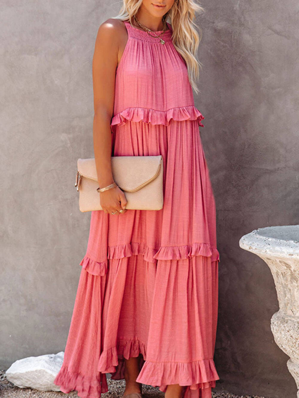 Tiered Ruffle Trim Sleeveless Halter Neck Maxi Dress