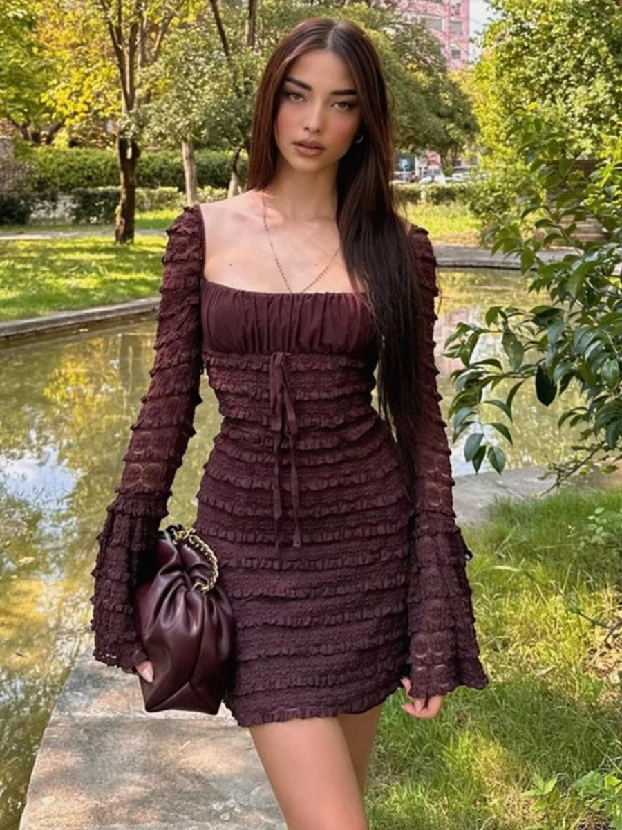 Square Collar Lace Trim Lace Up Long Sleeve Mini&Short Dresses