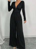 Deep V Solid Color Ribbed Sexy Slim Waist Elegant Jumpsuit