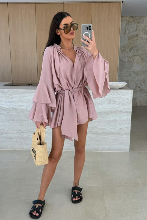 Textured Bell Sleeve Tie Waist Deep V-Neck Romper