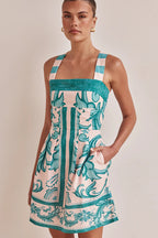Ornamental Print Square Neck Wide Strap A-Line Mini Dress
