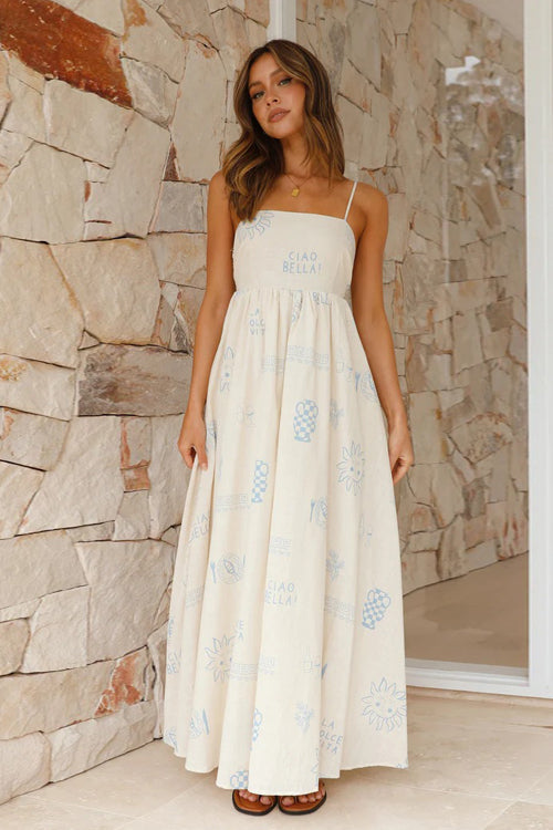 Square Neck Spaghetti Strap Graphic Print Empire Waist Maxi Dress