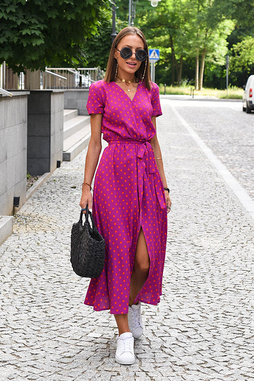 Short Sleeve V-Neck Floral Print Wrap Tie Waist Slit Maxi Dress