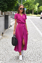 Short Sleeve V-Neck Floral Print Wrap Tie Waist Slit Maxi Dress