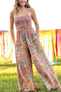 Wide Straps Smocked Wide Leg Floral Jumpsuit