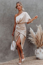One Shoulder Cape Sleeve Ruched Waist Tulip Wrap Satin Midi Dress