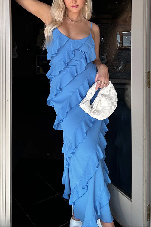 V Neck Side Slit Frills Maxi Cami Dress