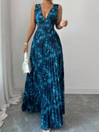 Sexy Deep V-neck Sleeveless Floral Print Maxi Dress With Slit Hem And Pleats