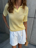 Hollow Crochet Lapel Short Sleeve Knitwear T-shirts