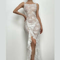 Lace see through self tie solid backless slit maxi dress
