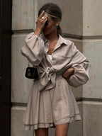 Long-sleeved Top Ruffled Shorts 2-piece Sets