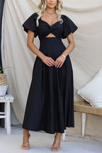 Twist Front Puff Sleeves Cut Out Pocketed Maxi Dress