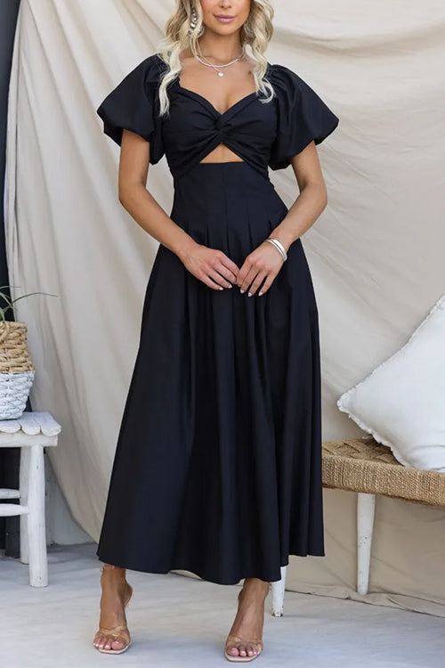 Twist Front Puff Sleeves Cut Out Pocketed Maxi Dress