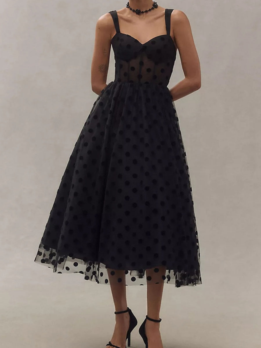 Mesh Polka Dots Temperament Little Black Dress Reunion Maxi Dresses