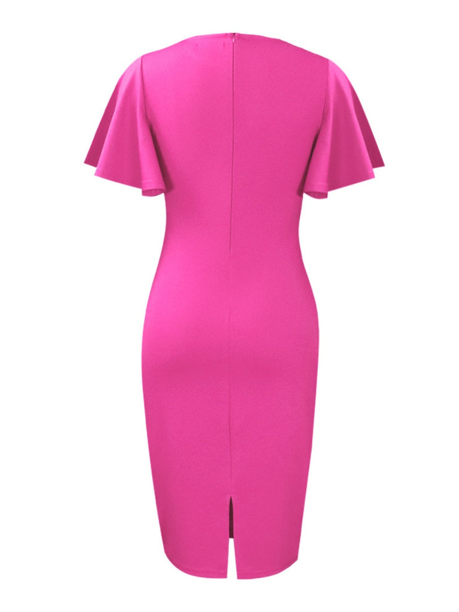 Commuting Lotus Leaf Sleeves Buttons Solid Color Mini&Short Dresses