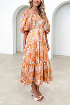 Off Shoulder Puff Sleeves Tiered Printed Midi Holiday Dress