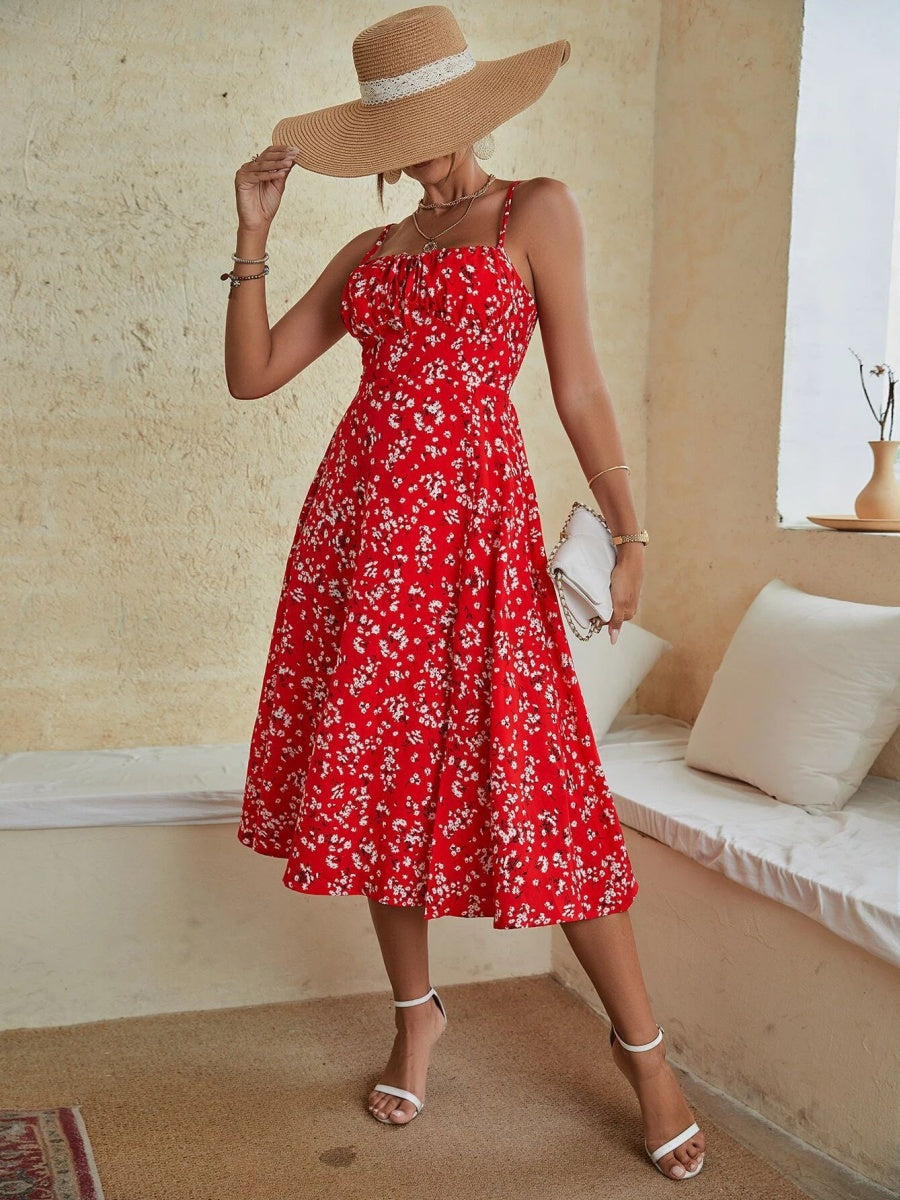 V-neck Bandage Camisoles Floral Slit Vacation And Leisure Maxi Dresses