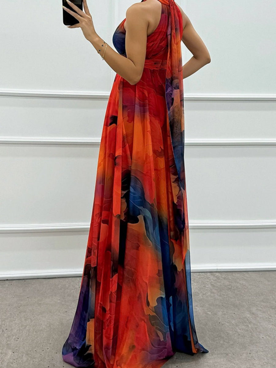 Mesh Printed Halter Formal Dress Maxi Dresses