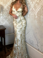 Camisoles V-neck Backless Sequins Lace Up Formal Dress Dinner Maxi Dresses