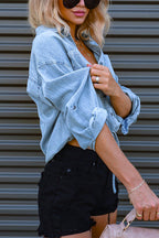 Long Sleeves Drawstring Hem Cropped Denim Shirt