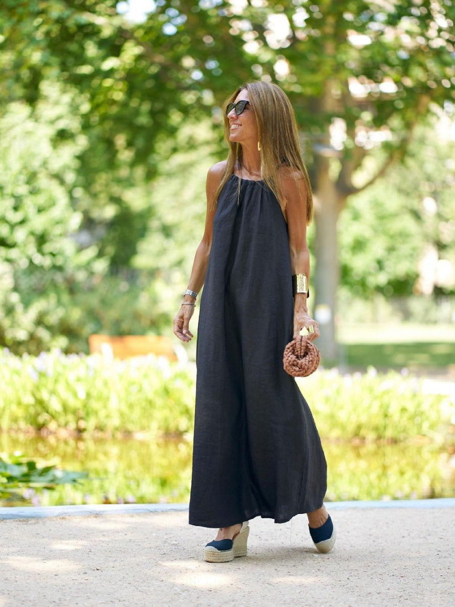 Halter Neck Slit Cotton And Linen Long Dress For Casual Vacations