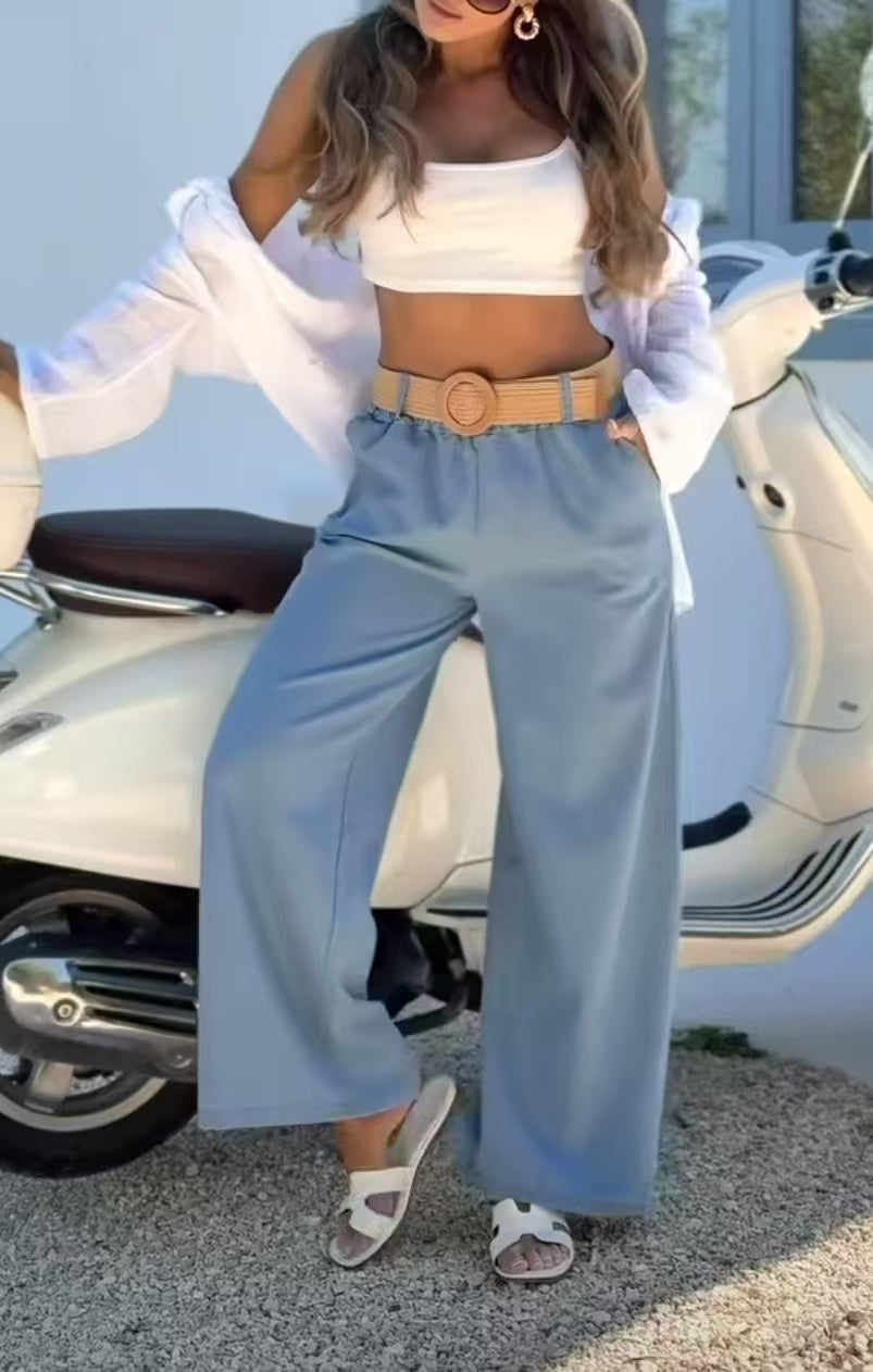 High Waist Pocketed Wide Leg Palazzo Pants