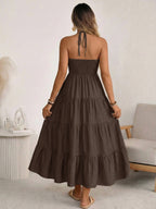 Halter V-neck Drawstring Loose-fit Vacation Maxi Dresses